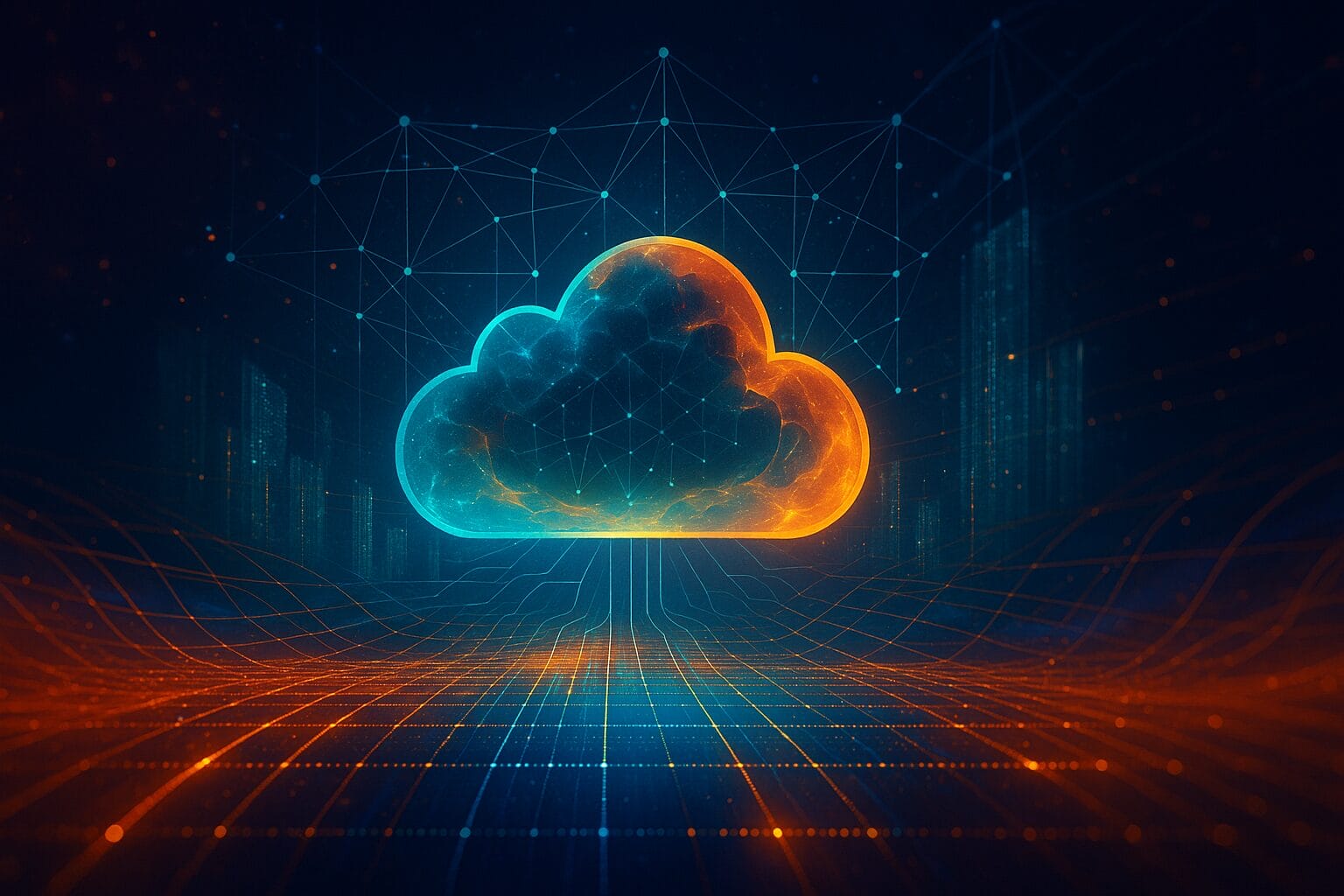 Realistic glowing cloud-shaped data node floating above a digital grid with network connections, symbolizing cloud infrastructure, global data fabric, and advanced enterprise AI systems.