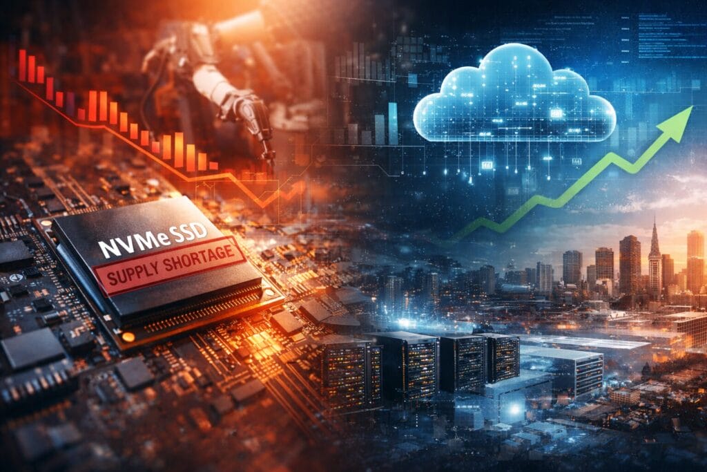 Illustration showing NVMe scarcity impacting enterprise storage architecture across on-premises data centers and cloud infrastructure.
