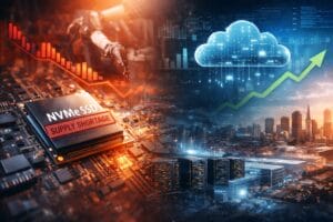 Illustration showing NVMe scarcity impacting enterprise storage architecture across on-premises data centers and cloud infrastructure.