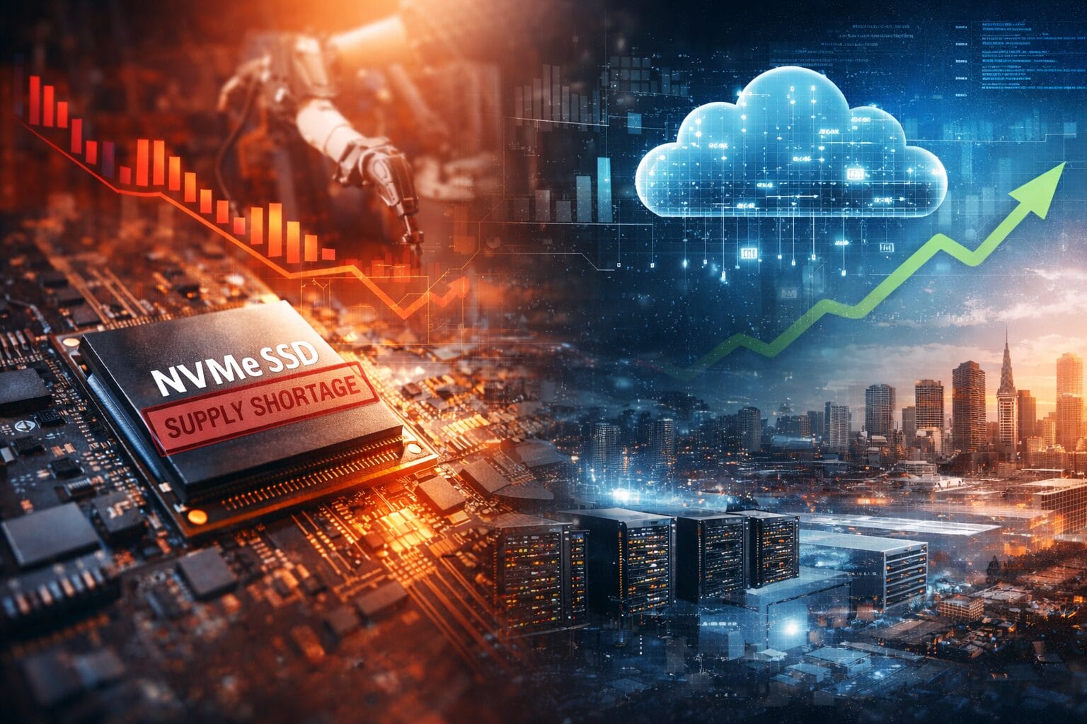 Illustration showing NVMe scarcity impacting enterprise storage architecture across on-premises data centers and cloud infrastructure.