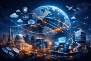 Visualization of sovereign AI data infrastructure connecting nations, enterprises, and distributed AI systems