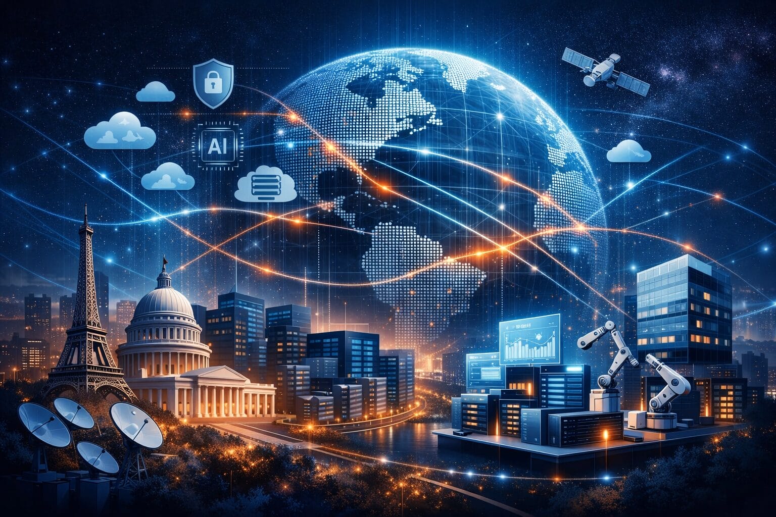 Visualization of sovereign AI data infrastructure connecting nations, enterprises, and distributed AI systems